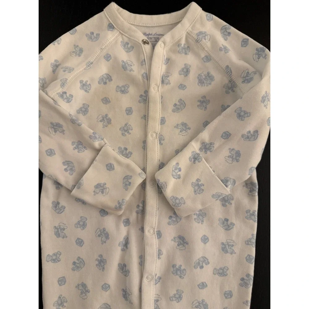 Ralph Lauren Baby Boy Footed Coverall 6-9 Month White/Blue Cotton Infant Nursery